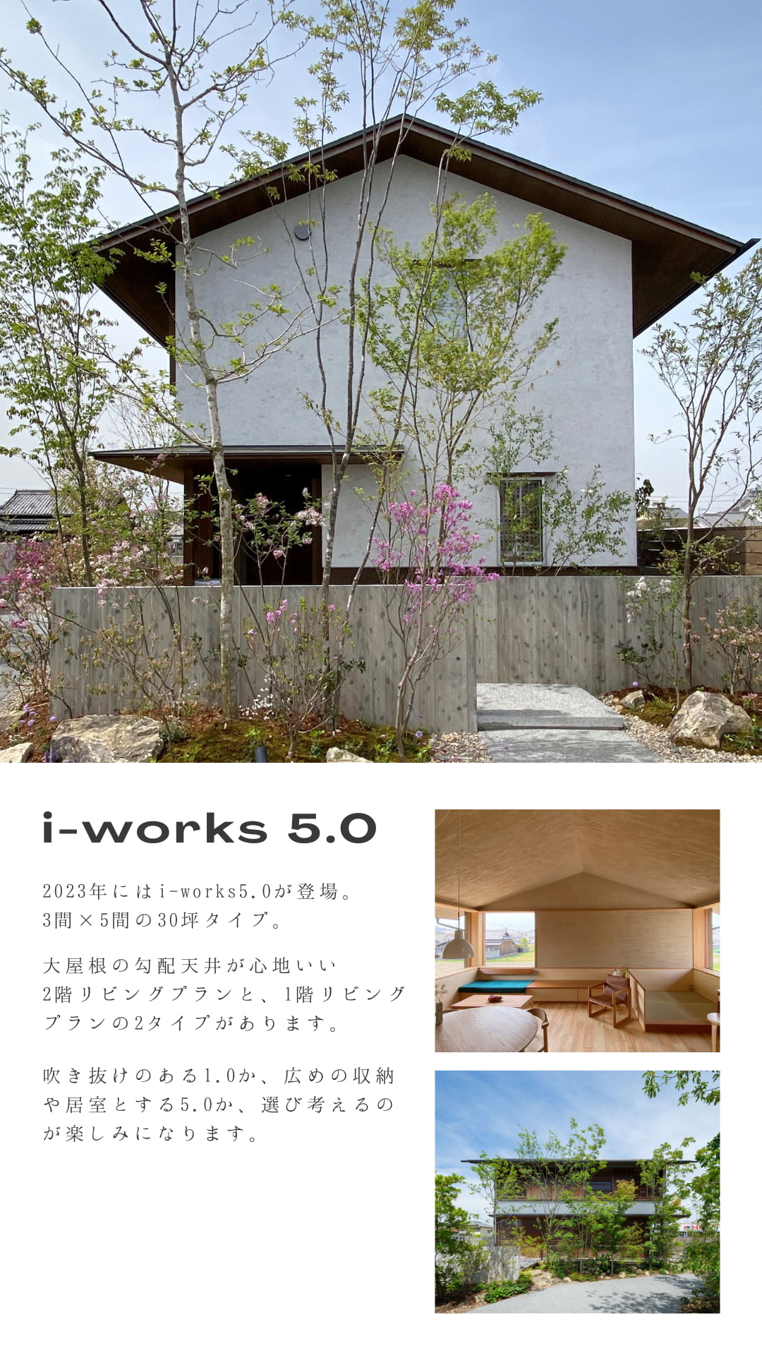 i-works5.0は大屋根の勾配天井が心地いい2階リビングプランと、1階リビングプランの2タイプがある。